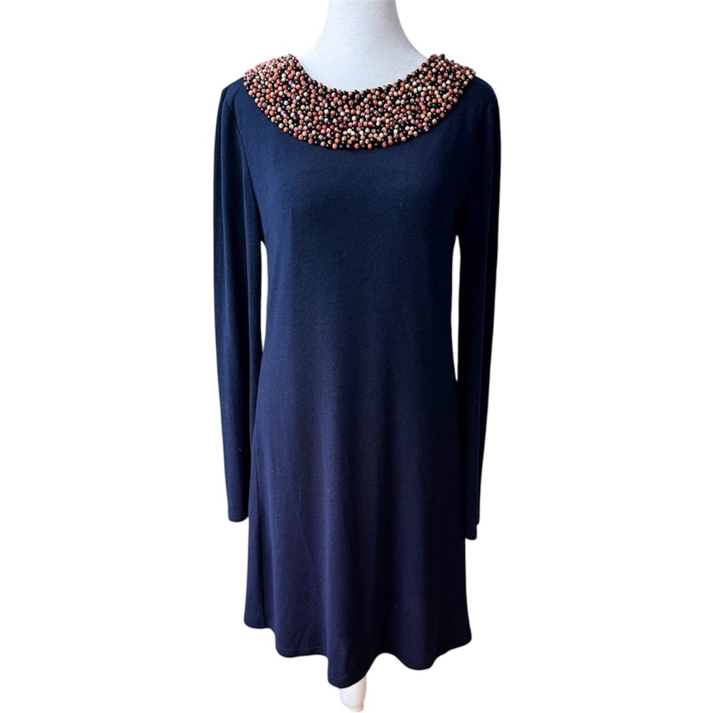 THEME Navy Blue Beaded Collar Flare Long Sleeve Knit A-Line Knit Sweater Dress L